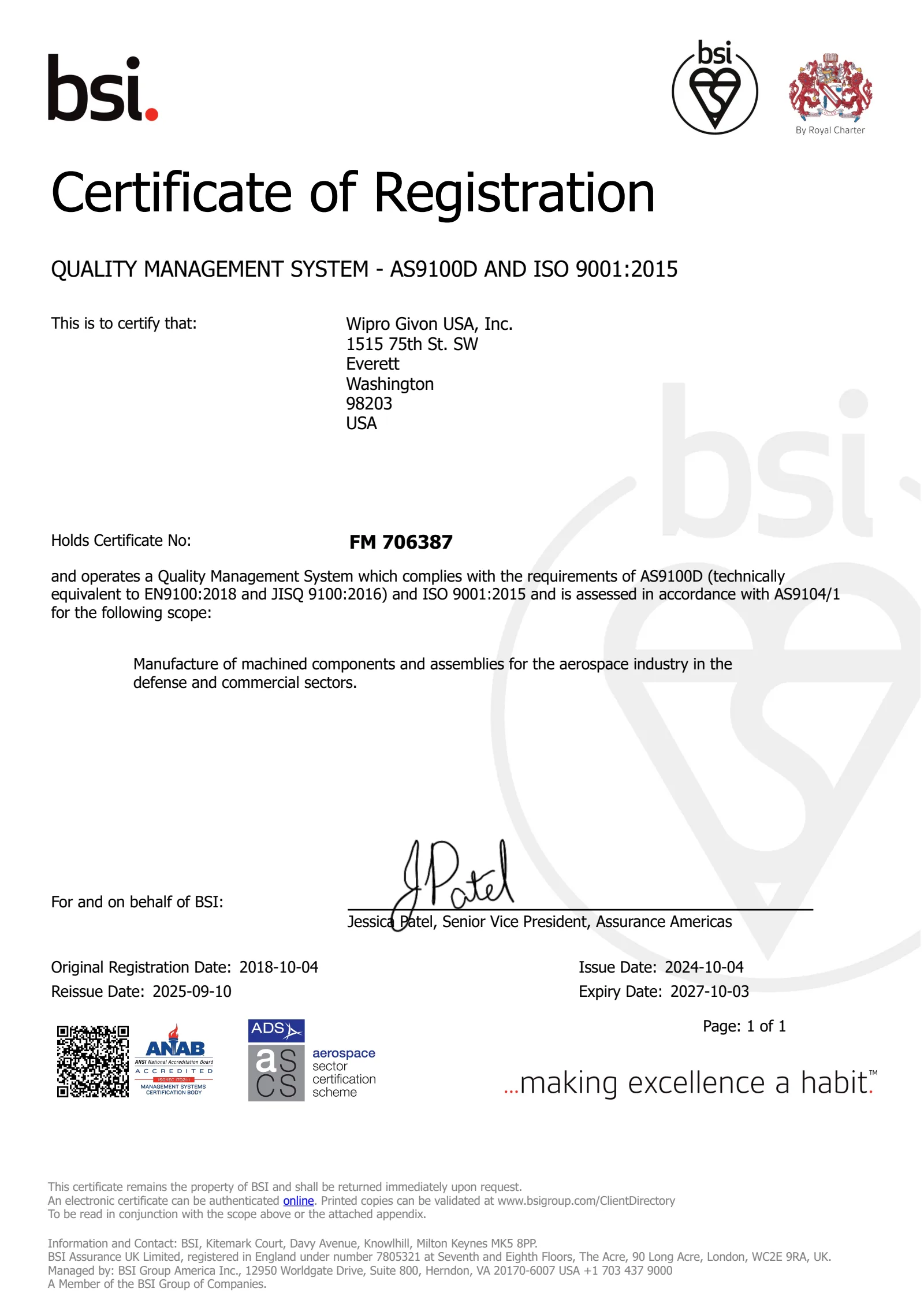 BSI AS9100D and ISO 9001:2015 certificate FM 706387 for Wipro Givon USA, Inc.