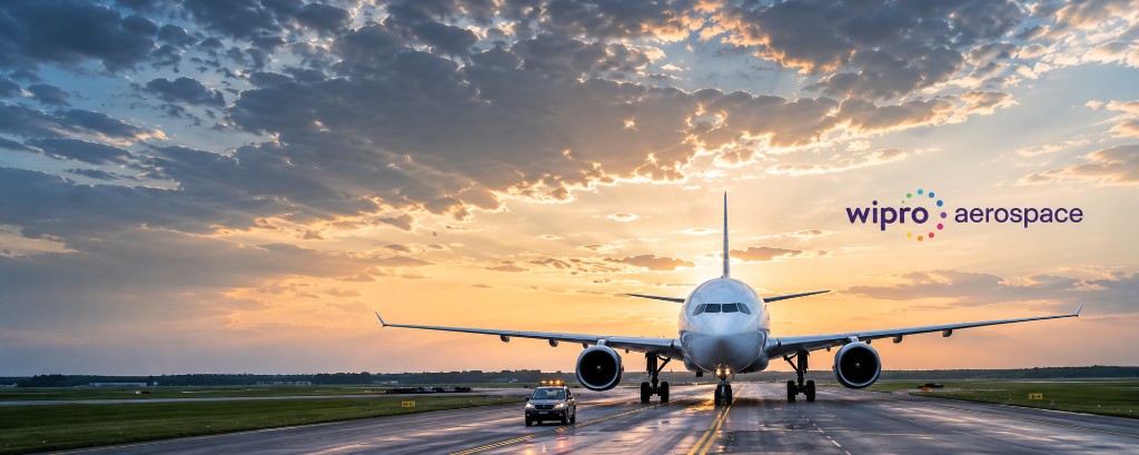 Wipro Aerospace group banner: widebody aircraft on a runway at golden hour